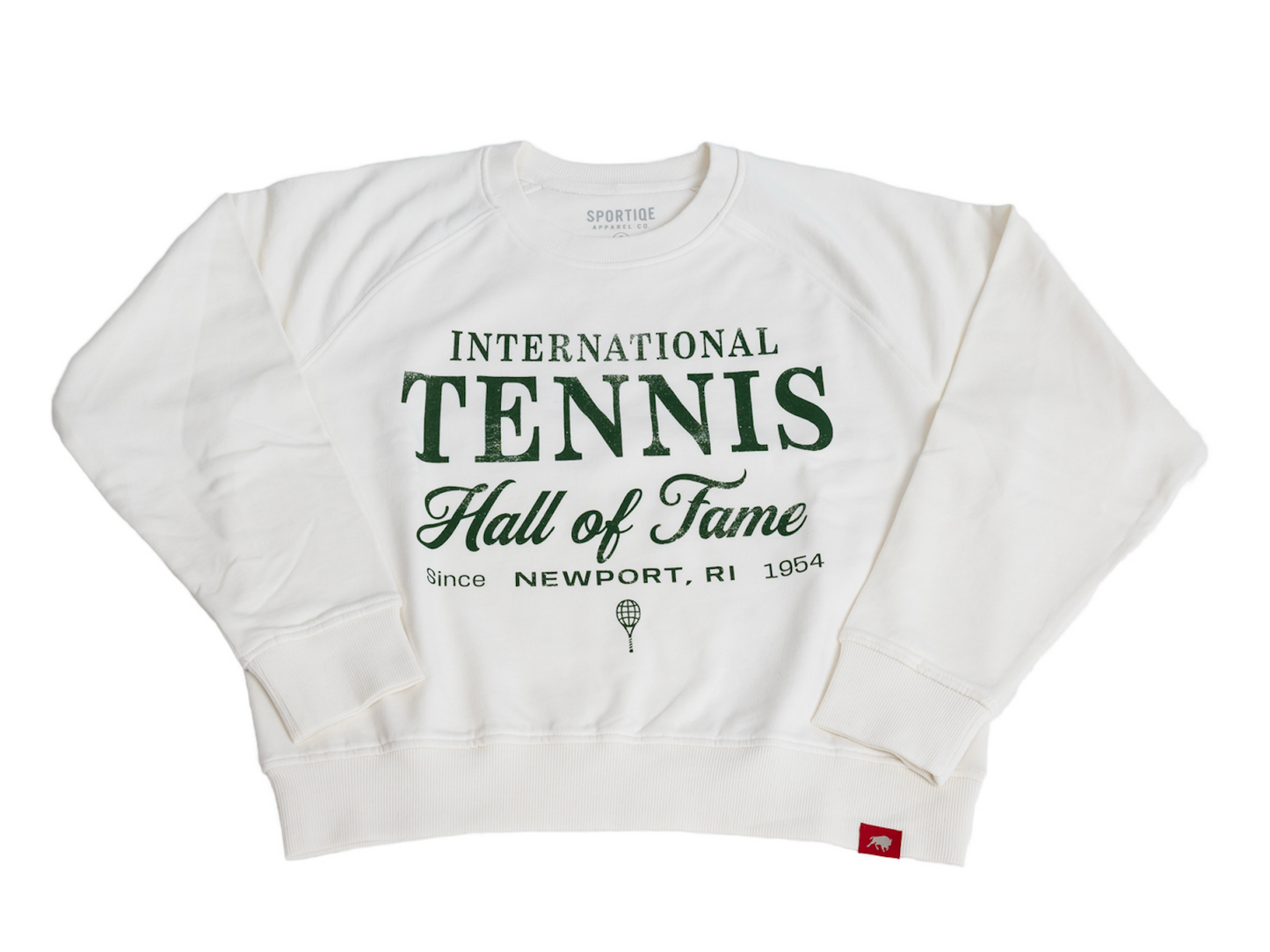 White sweatshirt with 'International Tennis Hall of Fame' Newport, RI in green font on a white background
