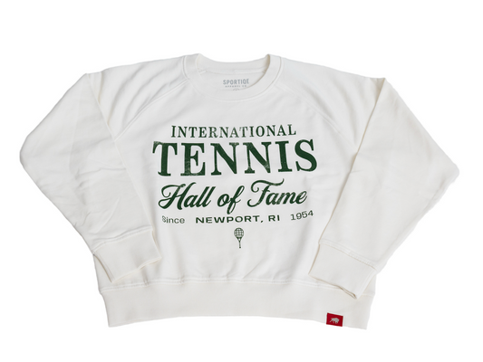 White sweatshirt with 'International Tennis Hall of Fame' Newport, RI in green font on a white background