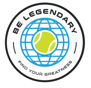 Circular logo with a tennis ball and text 'Be Legendary, Find Your Greatness' on a white background