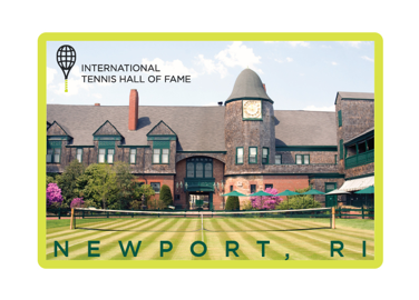 Sticker with International Tennis Hall of Fame in Newport, RI, featuring The Gilded Age Clocktower and Horseshoe Tennis Court.
